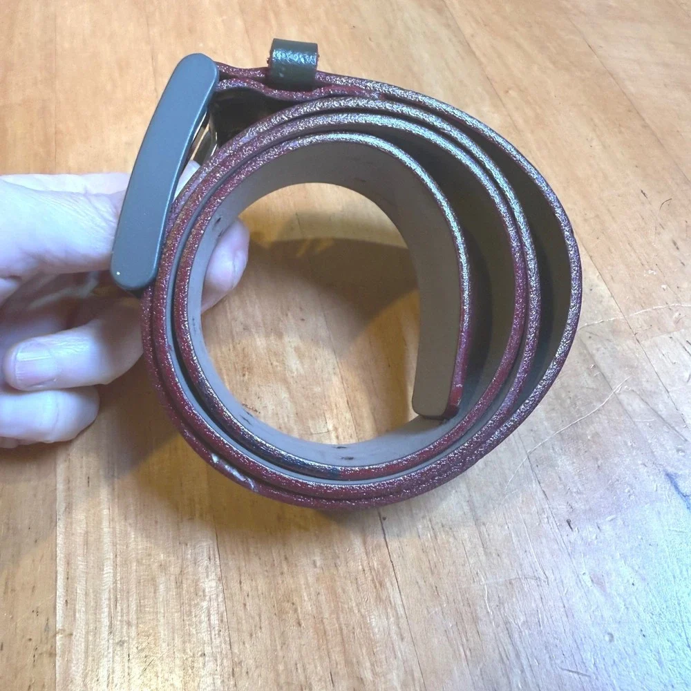 Abaco Paris Forest Green Burgundy Leather Double Prong Belt Made in France 30/75